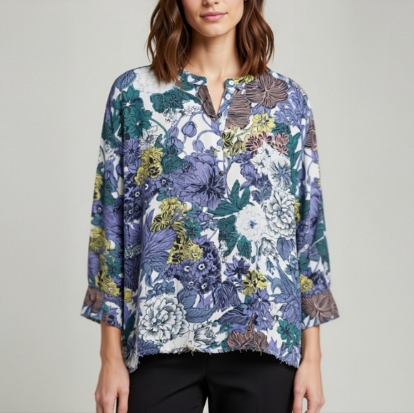 Maeve Tops - Maeve Anthropologie Whimsical Floral Henley Boho Raw Hem Oversized Top Large